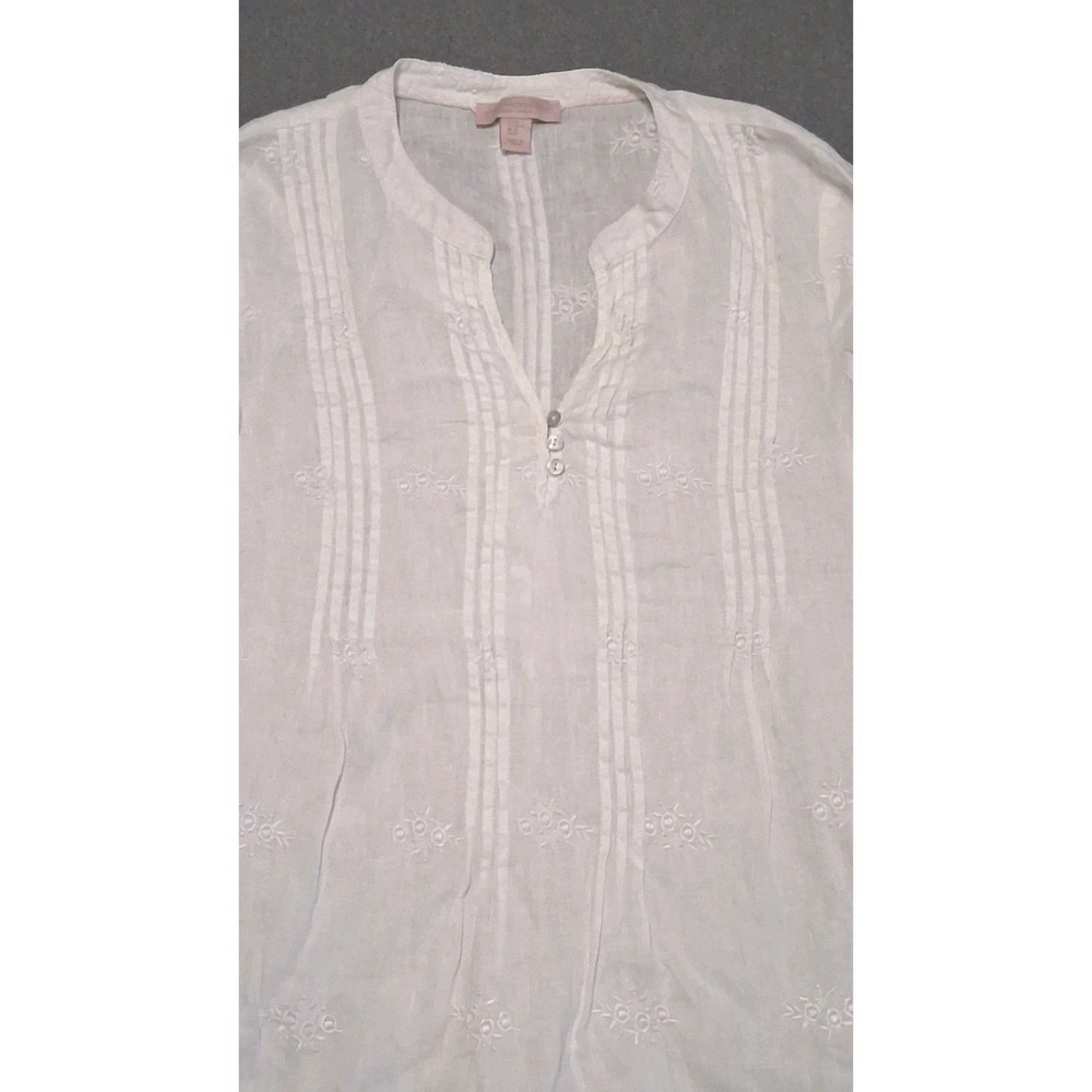 Saint Tropez West M White Linen Tunic Top Floral Embroidery Pintuck Tab Sleeve - Picture 2 of 8